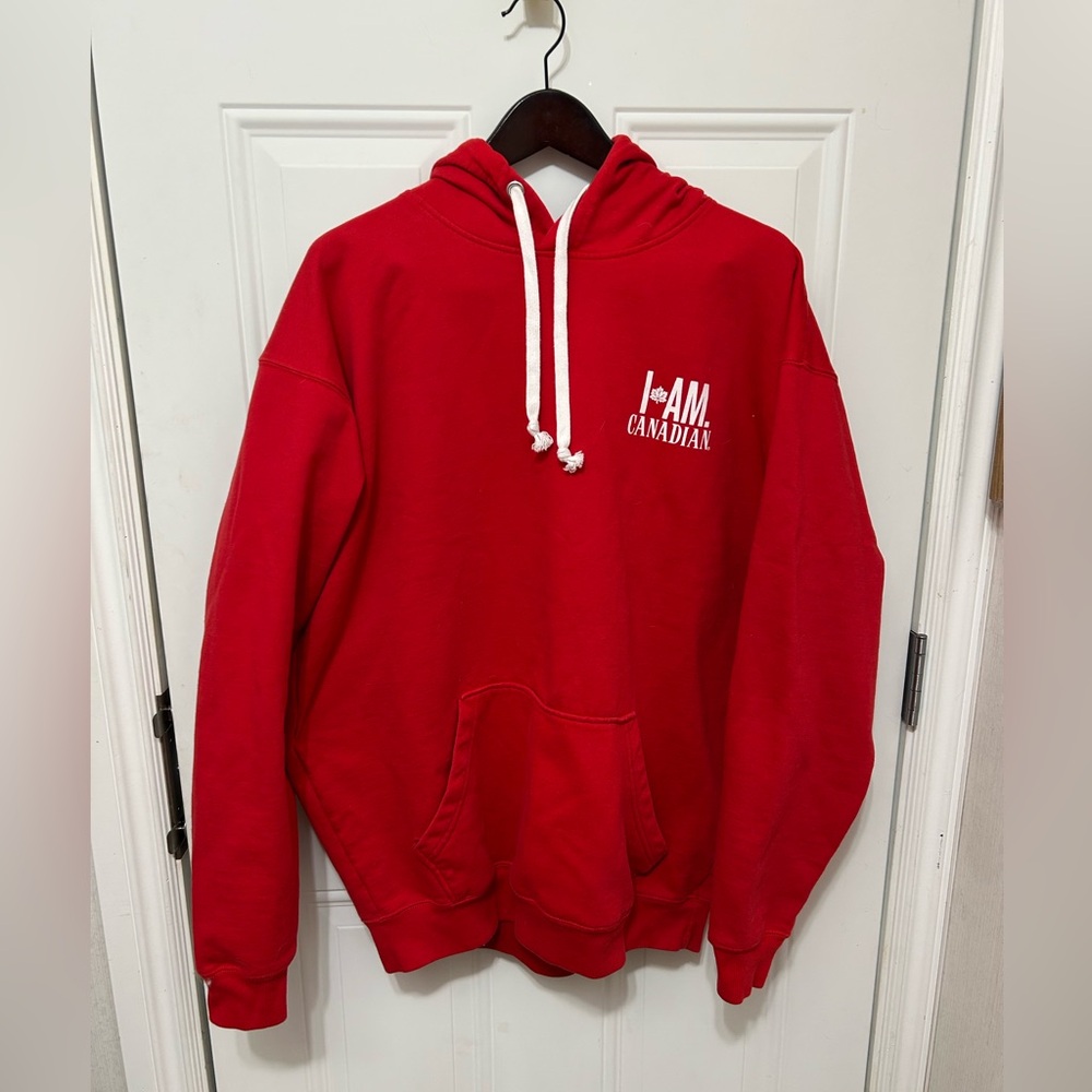 “I Am Canadian Hooded Sweatshirt Red with White Graphics XL